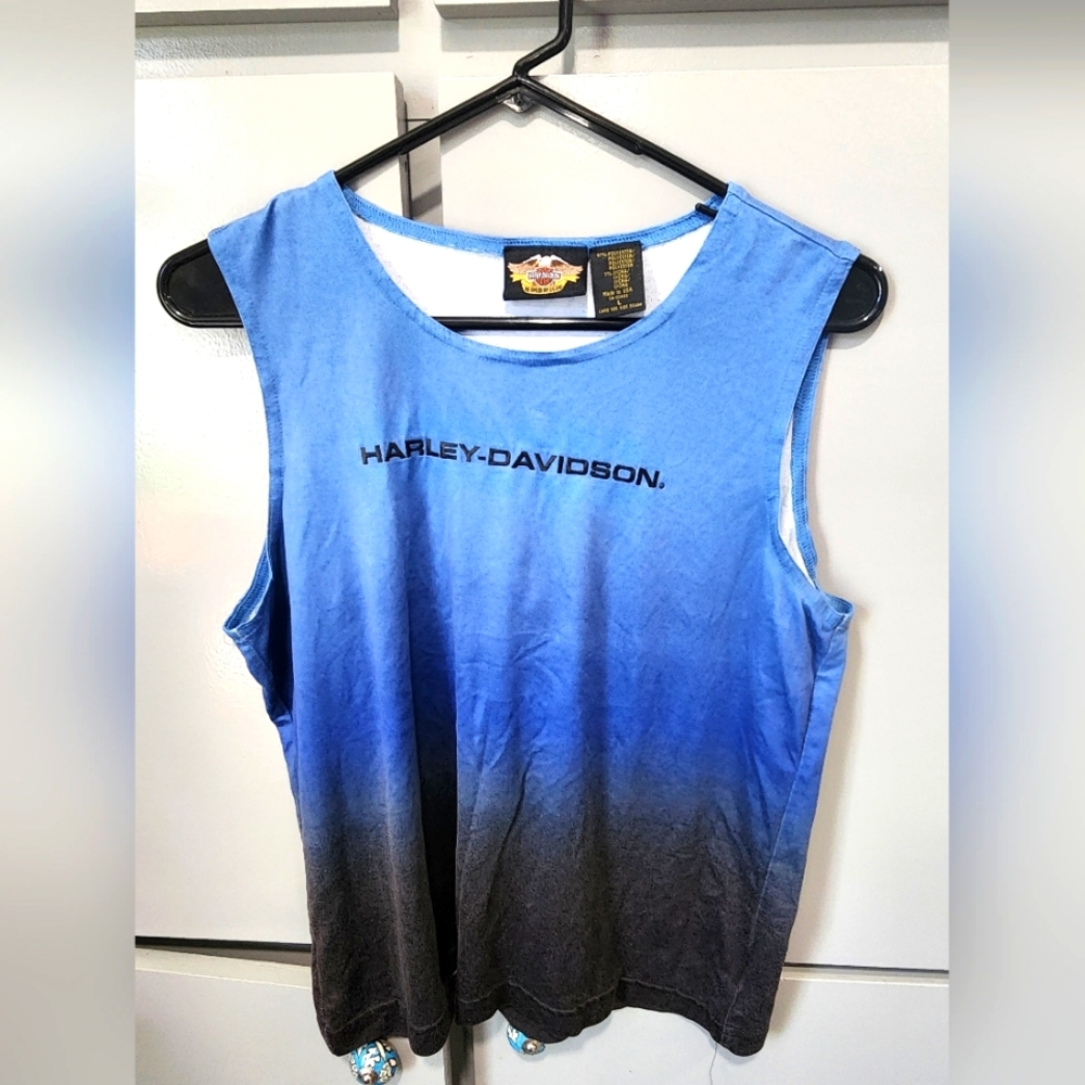 Vintage Harley-Davidson Blue and Black Women's Tank Top, L